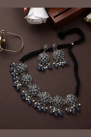 Cardinal Silver-Toned Oxidised Grey Stone Flower Lavish Choker Necklace Set