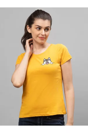 Globus Women Yellow Printed Cotton T-shirt