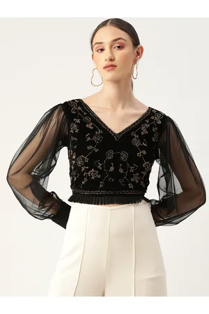 Antheaa Black Embellished Velvet Crop Top