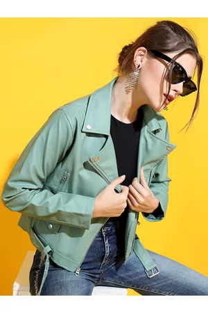 Tokyo Talkies Women Olive Green Crop Biker Jacket