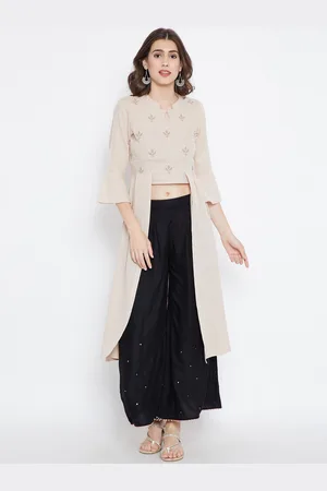 BE INDI Women Beige Yoke Design Keyhole Neck Flared Sleeves Kurta