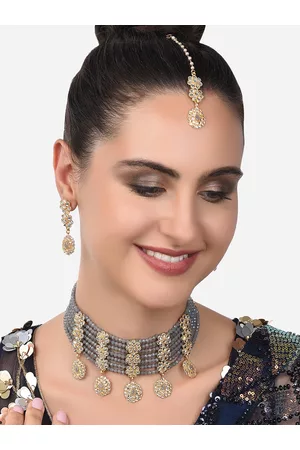 Zaveri Pearls Gold-Plated Grey Beaded Kundan Studded Jewellery Set