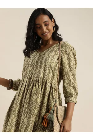 Taavi Women Olive Green & Beige Bagru Hand Block Printed Dress with Back Tie-Up