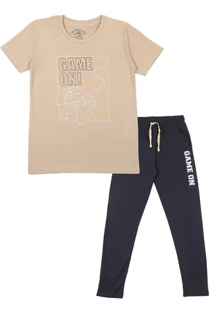 Masculino Latino Boys Beige & Black Pure Cotton Printed T-shirt with Pyjama