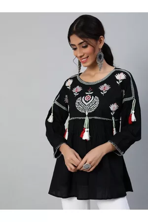 Ishin Black Embroidered A-Line Longline Top