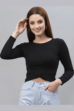Friskers Women Black Cotton Rib Round Neck Crop Top