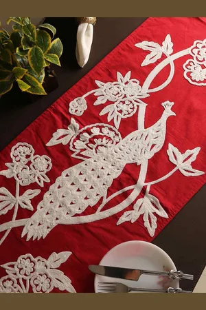 Amoli Concepts Red and White Peacock Embroidered Runner