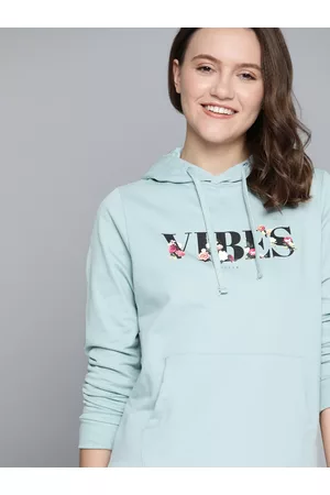 Mast & Harbour Women Blue Printed Hooded Sweatshirt