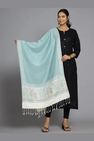 HANDICRAFT PALACE Women Turquoise Blue & Off White Paisley Woven Design Wool Stole