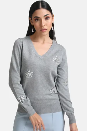 Kazo Women Grey Embroidered Pullover