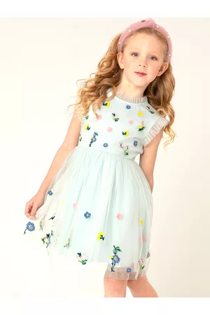 Cherry Crumble Girls Green Floral Embroidered Net Fit and Flare Dress
