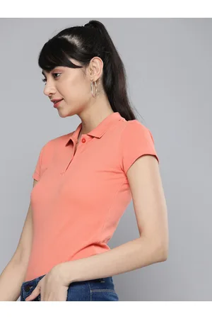 HERE&NOW Women Peach-Coloured Polo Collar Pure Cotton T-shirt