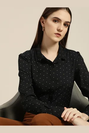 Invictus Women Black & Mustard Yellow Polka Dots Printed Shirt