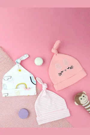 KICKS & CRAWL Girls Pack of 3 Pink & White Printed Cotton Beanie