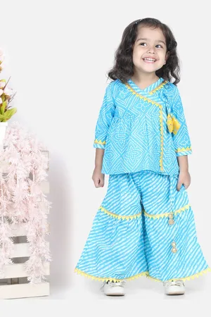 BownBee Girls Blue Bandhani Printed Angrakha Pure Cotton Kurti with Sharara