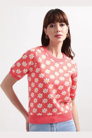 Elle Women Coral & White Floral Printed Pure Cotton Top