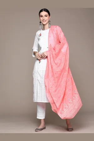 Ishin Women White Floral Embroidered Thread Work Pure Cotton Kurta with Trousers & With Dupatta