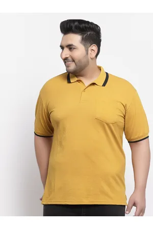 Pluss Men Plus Size Mustard Yellow Polo Collar Drop-Shoulder Sleeves Cotton T-shirt
