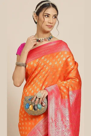 Warthy Ent Orange & Pink Ethnic Motifs Zari Silk Blend Kanjeevaram Saree