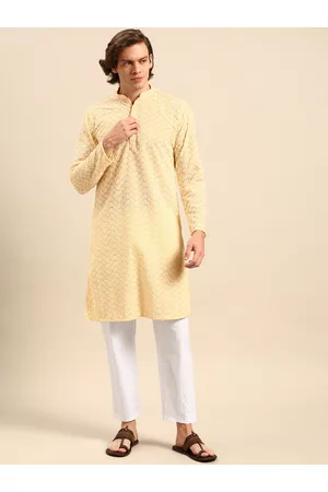 Anouk Men Yellow Ethnic Motifs Embroidered Pure Cotton Kurta with Pyjamas