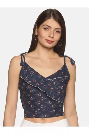 DIVINATION Women Blue Floral Print Pure Cotton Crop Top