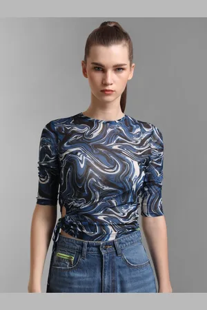 Kazo Women Blue & Black Abstract Printed Crop Fitted Top