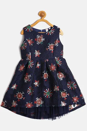 Kids On Board Girls Navy Blue Jacquard Cotton Dress