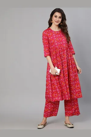 Antaran Women Red Bandhani Printed Pure Cotton Kurta with Trousers