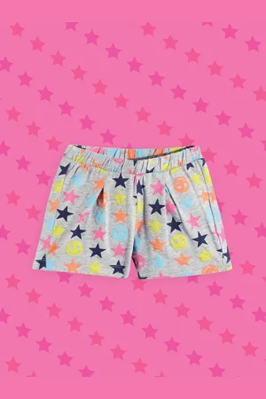 chicco Girls Grey Melange & Pink Conversational Printed Front Pleated Shorts