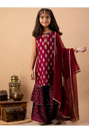 misbis Girls Maroon Ethnic Motifs Kurti with Sharara