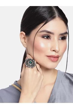 I Jewels Green & Silver-Toned Oxidised Rhodium Plated Meenakari Kundan Finger Ring