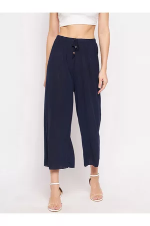 Camey Women Navy Blue Flared Knitted Cropped Palazzos