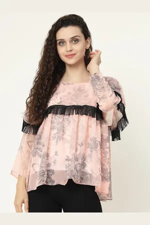 MISS AYSE Women Peach-Coloured & Black Floral Printed Georgette Top