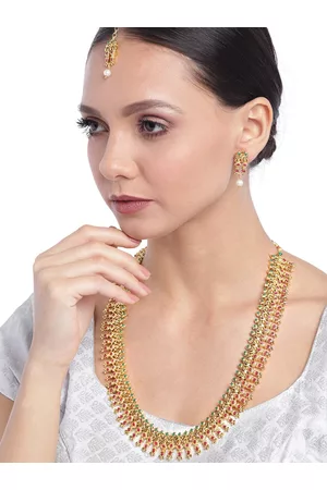 Zaveri Pearls Green & Maroon Gold-Plated Stone-Studded Jewellery Set