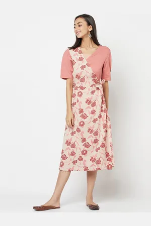 Fabindia Peach-Coloured Floral Midi Dress