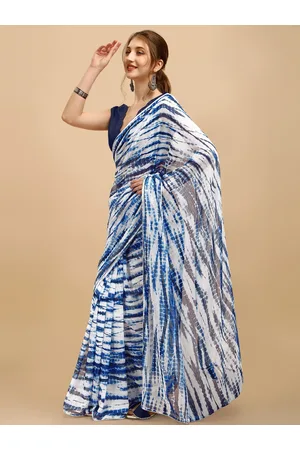 Sangria Blue & White Tie and Dye Poly Chiffon Saree