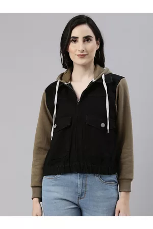 Campus Women Black Hooded Denim Jacket