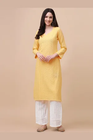 GUFRINA Women Yellow Ethnic Motifs Embroidered Chikankari Kurta with Palazzos