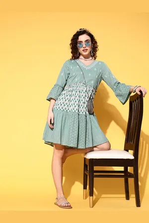 Ishin Women Elegant Green Floral Craftcore Dress