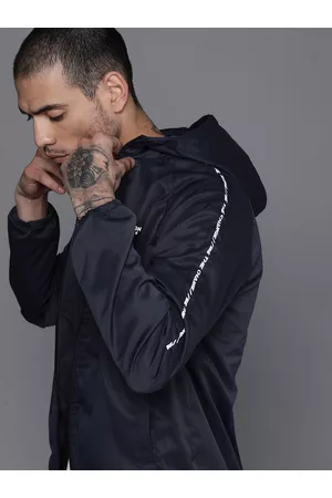 WROGN Men Navy Blue Brand Logo Printed Hooded Sporty Jacket