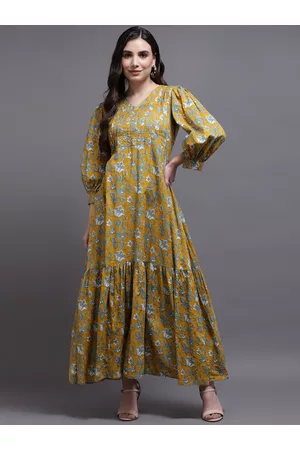 Kalini Women Mustard Yellow Floral V-Neck Maxi Dress