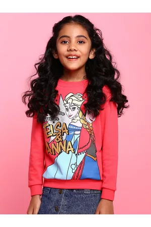 BONKIDS Girls Coral Pink Elsa & Anna Printed Cotton Sweatshirt