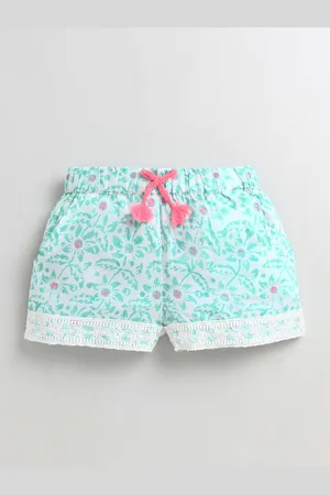 Cherry Crumble Girls Green Floral Printed Cotton Shorts