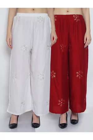 Jinfo Women Set Of 2 White & Maroon Embroidered Flared Palazzos