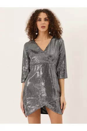 DODO & MOA Women Silver & Black Embellished Wrap Mini Dress
