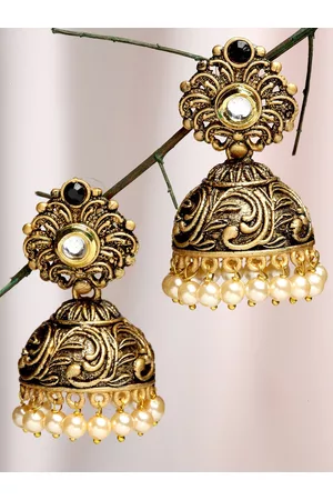 karatcart Women Gold Plated Black Dome Shaped Jhumkas Earrings