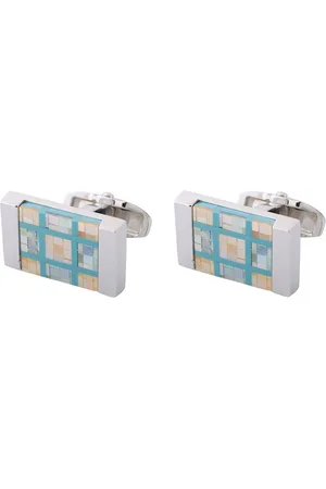 The Tie Hub Men Blue & Silver-Toned Checkered MOP Rectangular Cufflinks