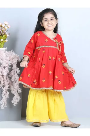 ADIVA Girls Red Floral Printed Angrakha Gotta Patti Kurta with Sharara