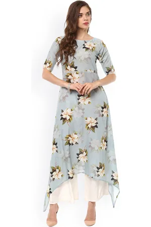 Ahalyaa Women Blue Floral Print Asymmetric A-Line Cotton Kurta