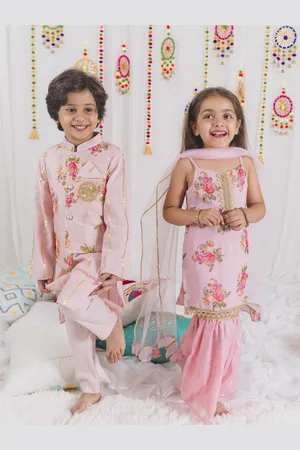 pspeaches Girls Pink Floral Printed Kurti with Sharara & With Dupatta
